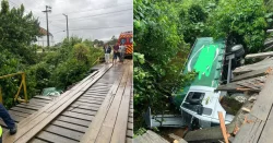 fotos:-caminhao-quebra-ponte,-cai-de-altura-de-4-metros-e-deixa-tres-feridos-no-sul-de-sc